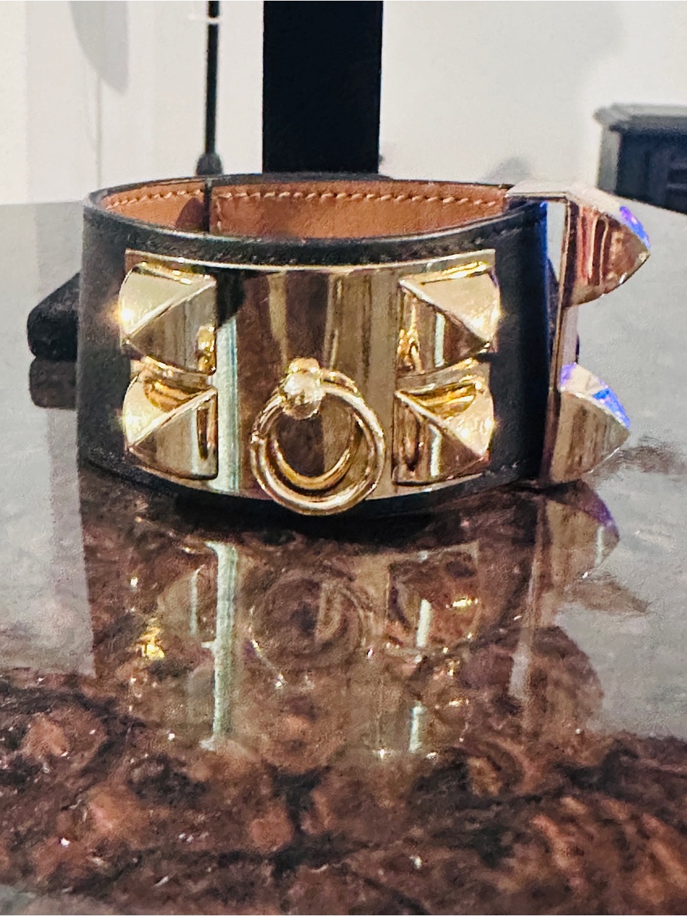 Black Leather Bracelet with Gold Ring and Pyramid Studs